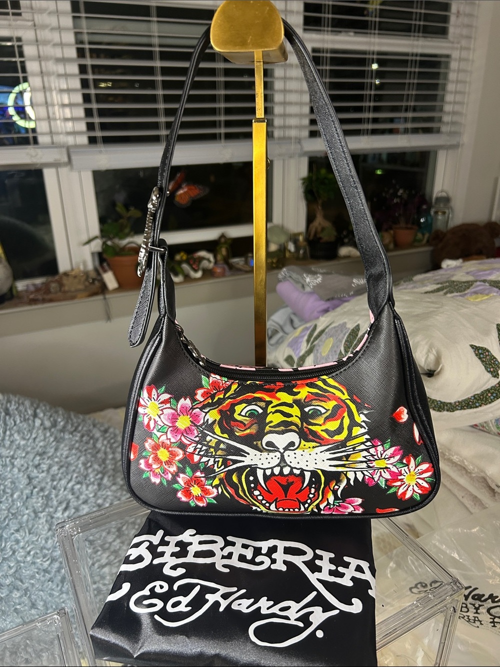 Ed Hardy Black Tiger Shoulder Bag/Silver Serpent Hardware 9.5”x 3”x 4.75” NWT
